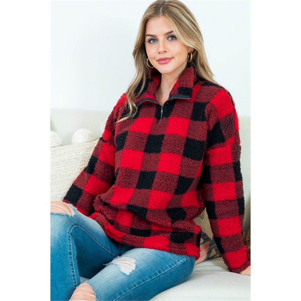 Buffalo Plaid Teddy Half Zip Pullover Jacket - Picture 5 of 9